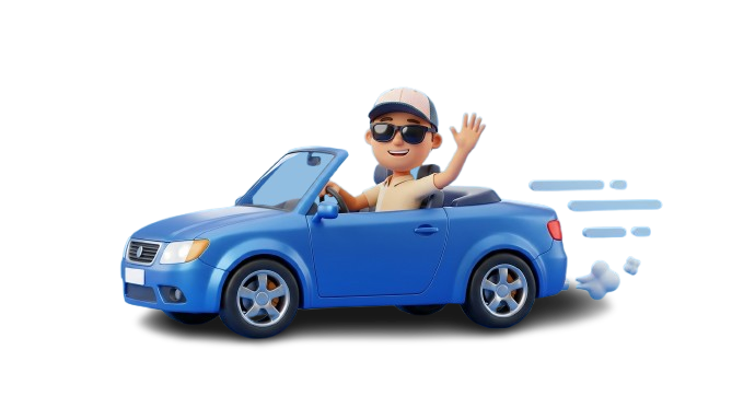 Hymyilevä mies ajaa uutta autoaan aurinkolaseissa ja lippiksessä
